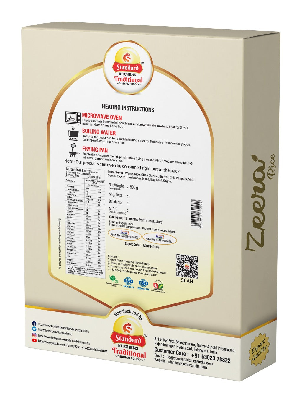 Standard Kitchens Traditional Zeera Rice – Ready to Eat | Heat & Eat in 2-3 Minutes | 900g | Preservative Free & 100% Natural | Seasoned Basmati Rice
