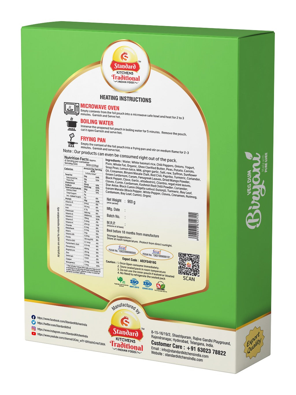 Standard Kitchens Traditional Veg Dum Biryani – Ready to Eat with Pure Ghee | Heat & Eat in 2-3 Minutes | 900g | Preservative Free & 100% Natural